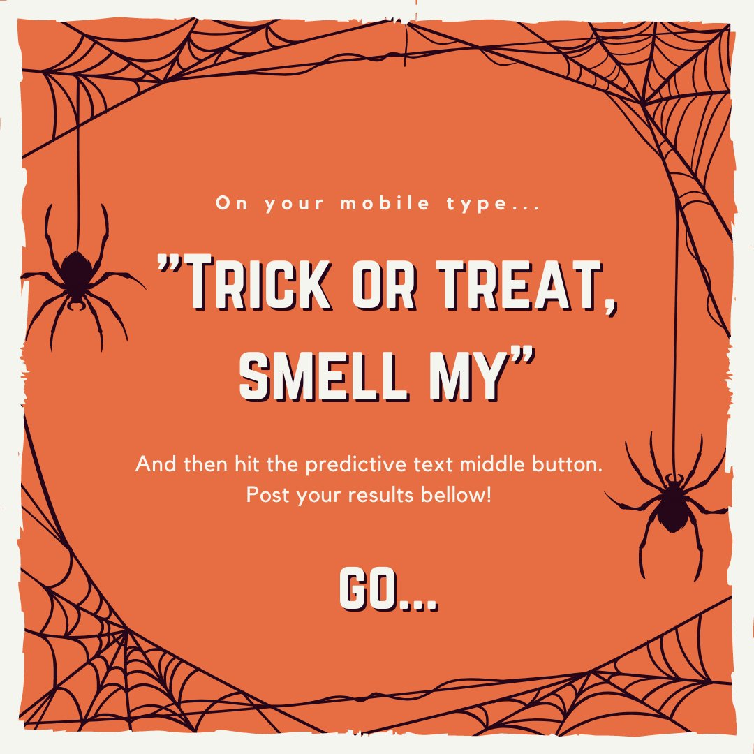 Motor_Source's tweet photo. Let's play a little game for Halloween weekend 🎃👻 🕷️
On your mobile type "Trick or treat, smell my" and then hit the predictive text middle button and post!
#halloween #halloweenfun #middlebuttongame #predictivetextgame #weekendfun https://t.co/DBoY0EV8xv