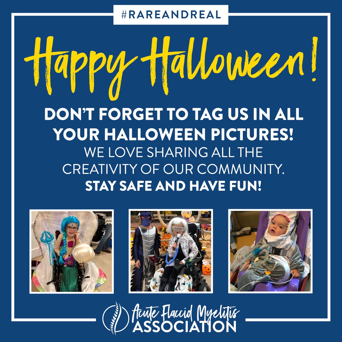 helpAFMA's tweet photo. Happy Halloween, AFMers! 💙🎃💙 Don't forget to tag us in all your Halloween pictures! We love sharing the creativity of our community. Stay safe and have fun! #thisisAFM #endAFM #acuteflaccidmyelitis #rareandreal https://t.co/2D88kcQfHr