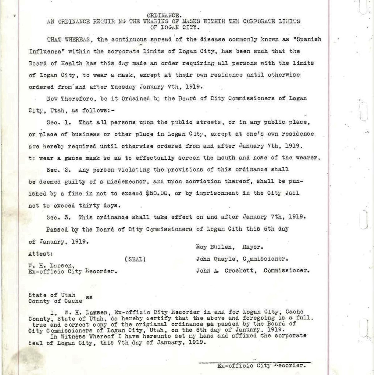 LoganLibraryUT's tweet photo. Special Collections Librarian Jason Cornelius recently came across @cityoflogan's January 1919 resolution requiring citizens to wear masks outside their homes during the Spanish flu pandemic!
#History #SpanishFlu #LoganLibrary https://t.co/Jm4RtT2mTi