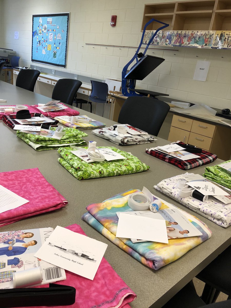 Apparel students aren’t letting hybrid/remote learning stopping them from sewing. PJ pant kits are all ready to be picked up! #FACSteacher #BeAnEagle #PJpants #sewingskills