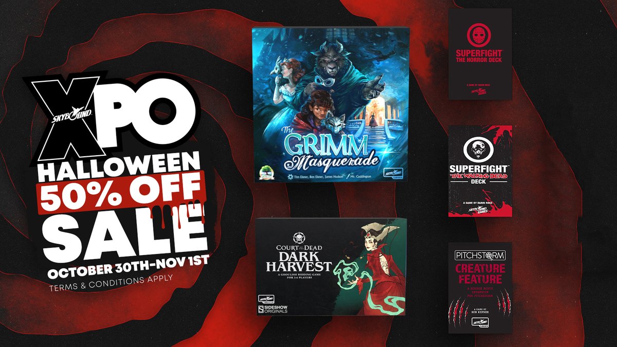 skyboundtabletp's tweet photo. Big sale for #SkyboundXpo! Get 50% off #Halloween games, plus 40% off all other games! Now through Sunday 11/1. Pre-orders not included. 🛒 https://t.co/YXFr4JzZxQ https://t.co/TEE9FvzWbj