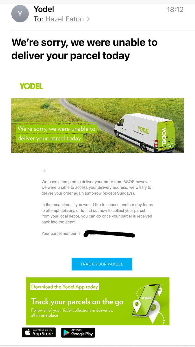 hazeleaton's tweet photo. You definitely haven’t attempted to deliver my parcel @YodelOnline because I’ve been home all day https://t.co/Wakhk2lQWu