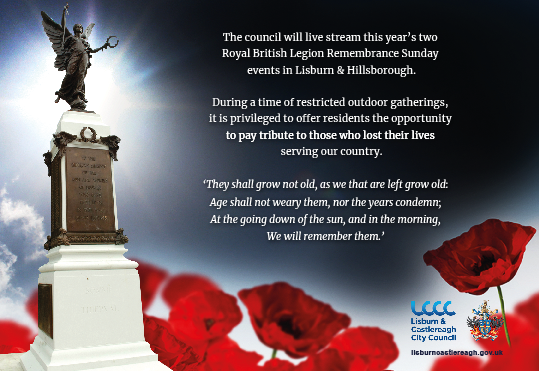 lisburnccc's tweet photo. We will be live streaming the two Royal British Legion (Lisburn Branch) Remembrance Sunday services on the 8th November.  Please watch the Lisburn &amp; Hillsborough services live on our Facebook page @LisburnCastlereagh. 
#lestweforget  #RemembranceSunday
@LVIConference @Lisburns98 https://t.co/pXQcDd9TXa