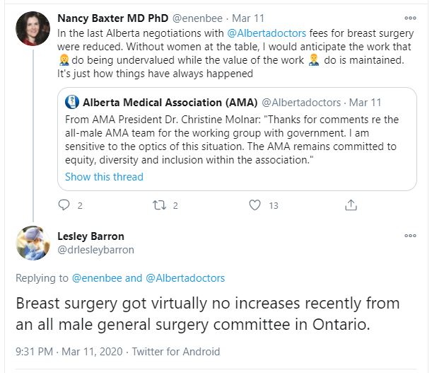 "I am a male FP. Many of the points in this article are false... My other female colleague, a surgeon, receives all the female breast surgery referrals. Her male colleagues are deprived of this part of their practice."
