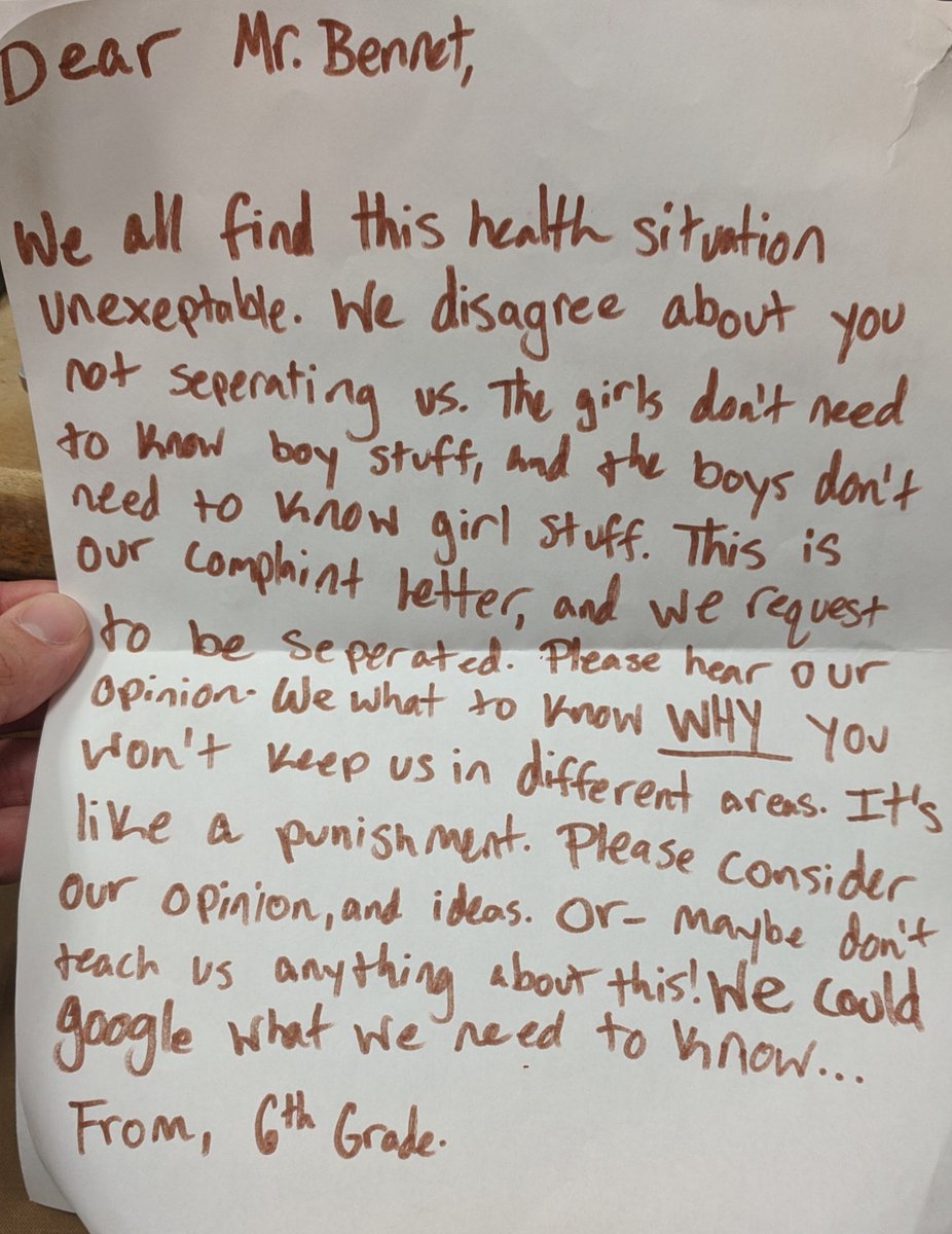 DBenWellness's tweet photo. Little Friday afternoon laugh: 6th graders were told they would be learning about growth &amp; development together (males &amp; females) in THE SAME ROOM!! 😱 I was presented with this forthright appeal the very next day. Gotta love these middle school health ed moments... https://t.co/BIAj3tqB9R