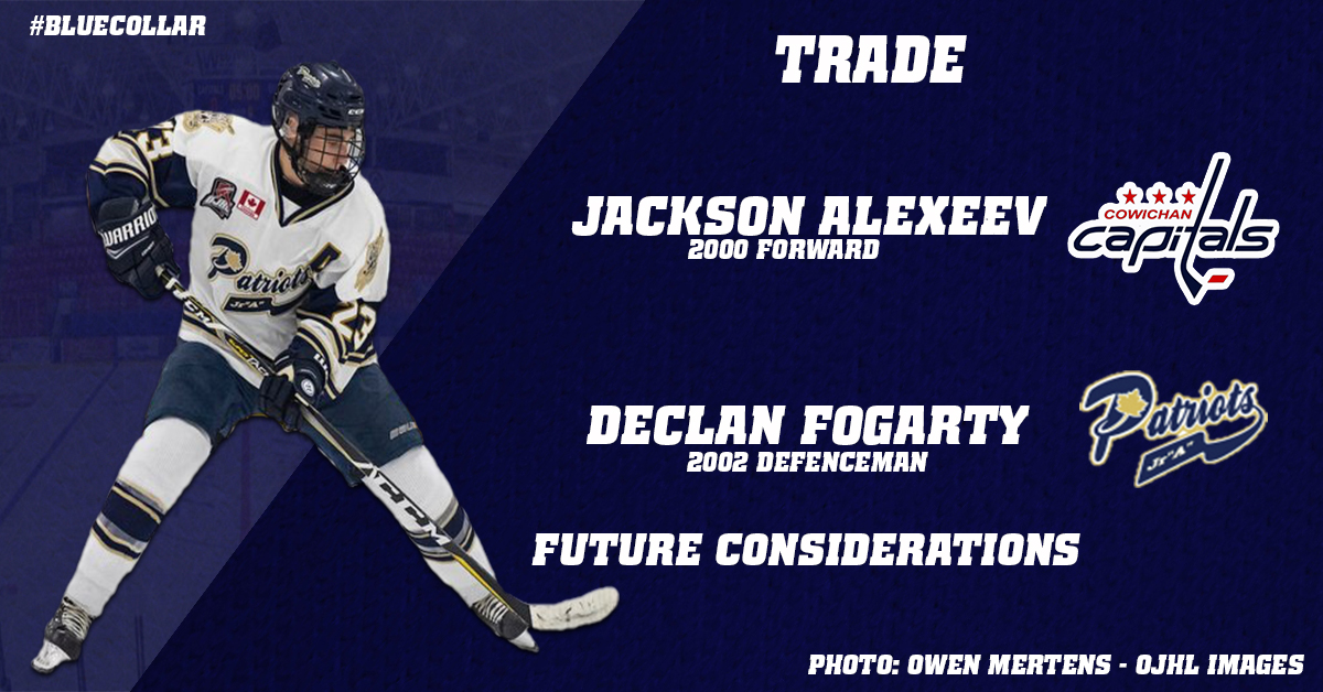 cowichancaps's tweet photo. TRADE: The Capitals have acquired 2000 born forward Jackson Alexeev from the Toronto Patriots of the OJHL in exchange for Declan Fogary and future considerations. #BlueCollar 

Release: https://t.co/JEyabkvgLd https://t.co/DTPyaTzori