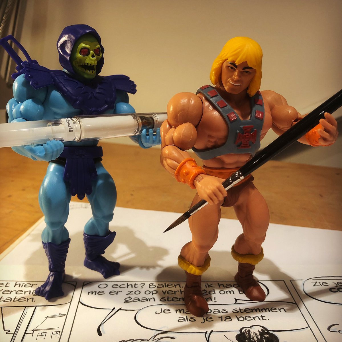 GurbyV's tweet photo. Good help is hard to find these days. These guys are doing my inking, but let’s be honest, they’re not very subtle. 
#heman #motu #skeletor #toys #xomic #inking https://t.co/6XCsnVfhPm