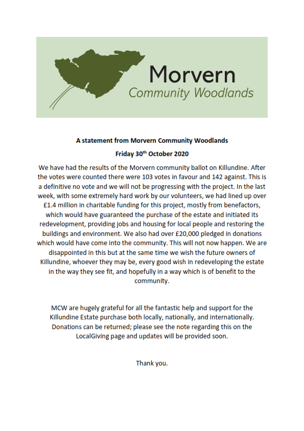 A statement from Morvern Community Woodlands: