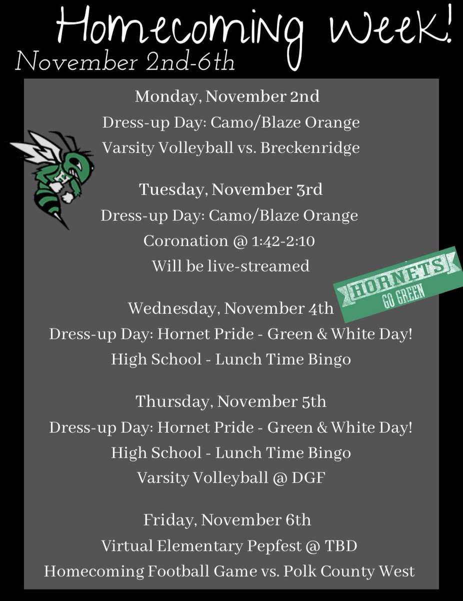 Homecoming is next week! Here is the high school dress up days!