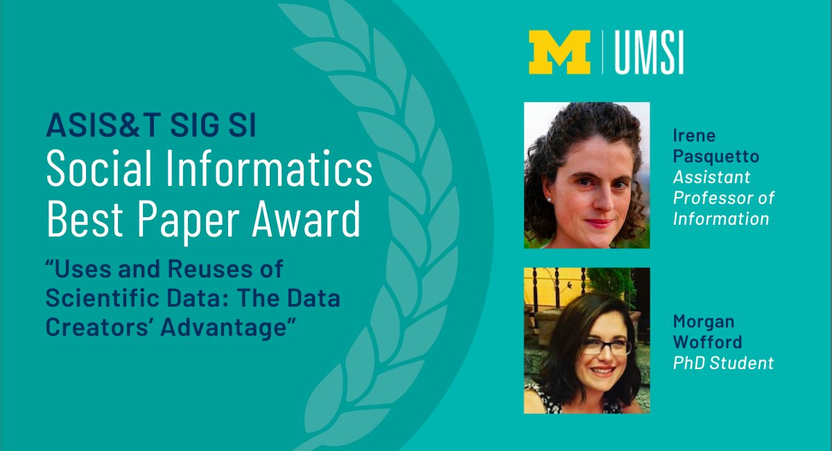 umsi's tweet photo. Congratulations to UMSI's @IrenePasquetto and @Morgan_Wofford1! Their paper, "Uses and Reuses of Scientific Data: The Data Creators’ Advantage," won the 2020 @asist_org Social Informatics Best Paper Award. Read the full paper here ➡️ https://t.co/E06vxJeB9o #ASIST20 https://t.co/EYI9Tdh3Aq