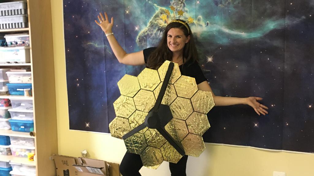 Beth Stiles in a James Webb Space Telescope primary mirror costume.