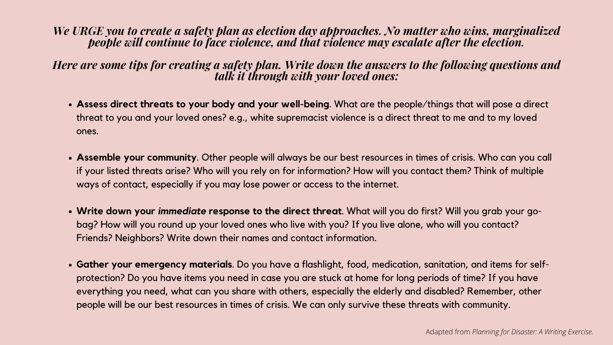 Please prepare a safety plan for you and your loved ones. The tweets that follow are based on this useful guide for creating a basic safety plan. 7/ https://truthout.org/audio/planning-for-disaster-a-writing-exercise/