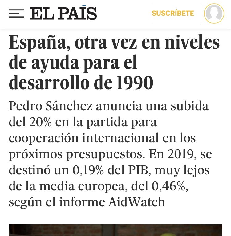 Según el #AidWatch: España, otra vez en niveles de ayuda para el desarrollo de 1990. En 2019, se destinó un 0,19% del PIB, muy lejos de la media europea, del 0,46%. Por detrás de países como Hungría...

✅#PGE21 deben cambiar esta tendencia. #PGECooperaSí

elpais.com/planeta-futuro…