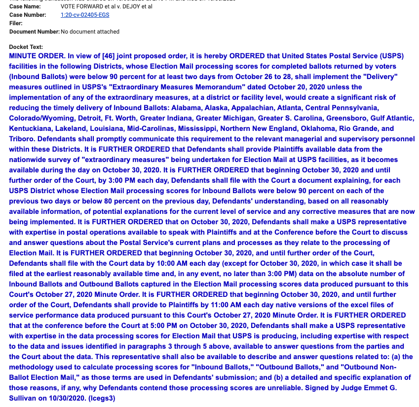 New: After concluding that USPS policy changes that led to mail delays are likely to burden voting rights (see:  https://ecf.dcd.uscourts.gov/cgi-bin/show_public_doc?2020cv2405-32), a DC federal judge has entered a comprehensive order that requires several things of USPS going forward. Here are highlights: