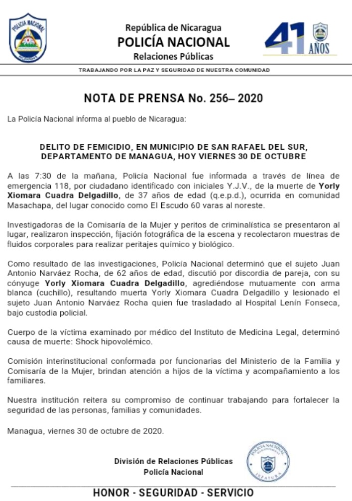 Policía Nacional Informa, Femicidio ocurrido en San Rafael del Sur, Managua.
Reitera su compromiso de seguir trabajando para fortalecer la seguridad.

#JuntoAlaComunidad
<a href="/nica_rojaynegra/">La Sandinista (Mayita) 💛</a>