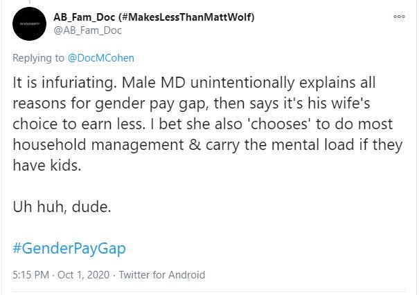 "My wife... enjoys taking her time with pts. She has the freedom to do lower paying jobs that she enjoys more because I earn a lot more... there are many MD couples that are similar... I don't think any of our wives consider themselves to be underpaid nor oppressed."