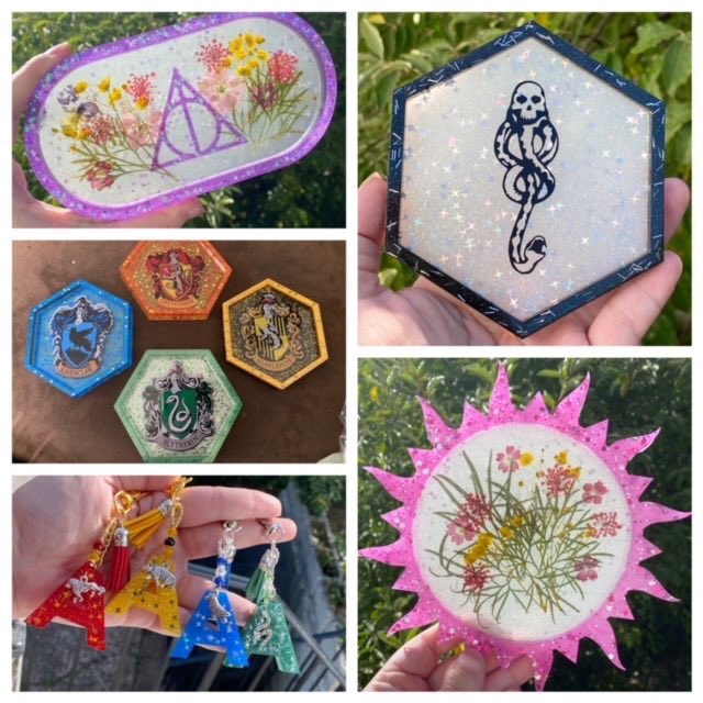 . @CraftyCat713  http://craftycatgifts713.etsy.com  has a variety of pieces — beautiful resin pieces & wood coasters are just some of the things you’ll find on her shop. There’s a few HP items, Taylor items, and Disney items as well! Her resin bookmarks are out of this world gorgeous!