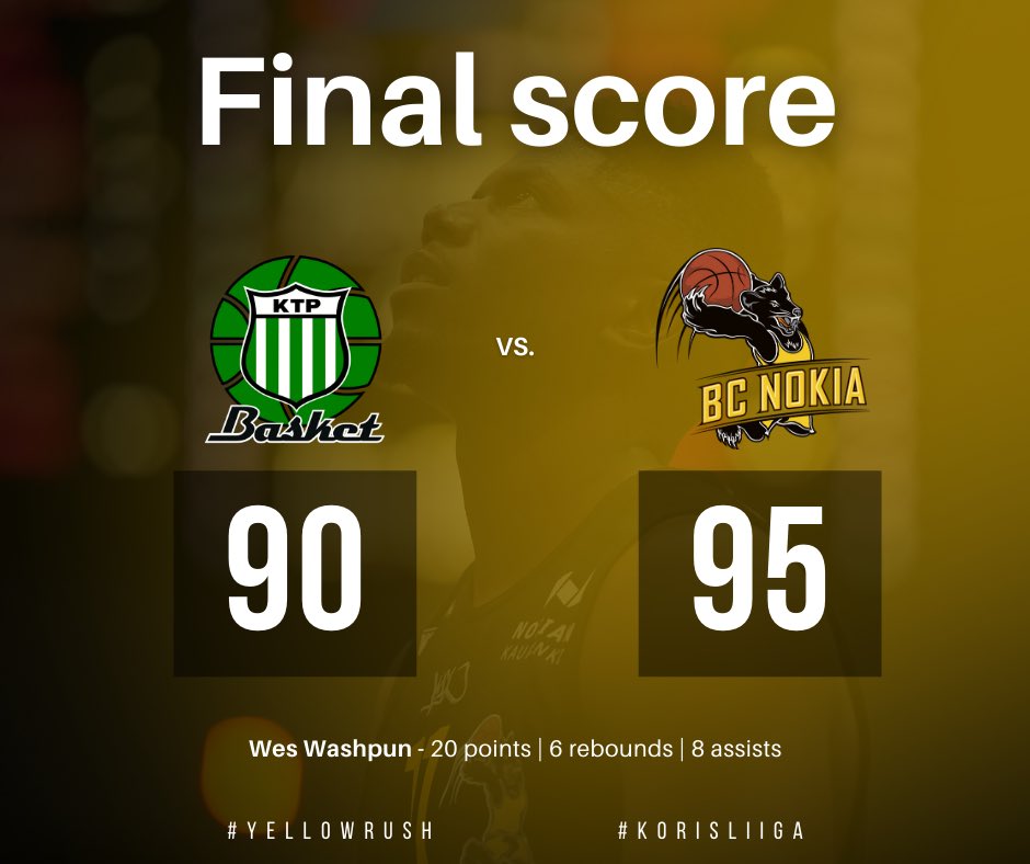 BCNokia's tweet photo. KOVA VOITTO! Perjantai-illan kunniaksi BC Nokia ottaa sarjapisteet matkaansa Kotkasta. Loppulukemat 90-95.

Meiltä tehokkaimpana Wes Washpun.

#YellowRush💛 #Korisliiga https://t.co/JVx8noYsjP