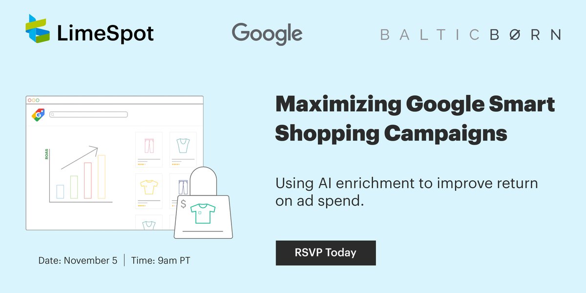 LimeSpot's tweet photo. Our webinar on Google Smart Shopping Campaigns is coming up next week!

Tune into Karis Fisher + Adam Sparrow of @Google, @AngLiljenquist, CEO of @balticborn, and @sygoldstein, CEO of @LimeSpot on November 5 at 9AM PT. Register below now:

https://t.co/eqr2qMBC0S https://t.co/gTIzRemF1I