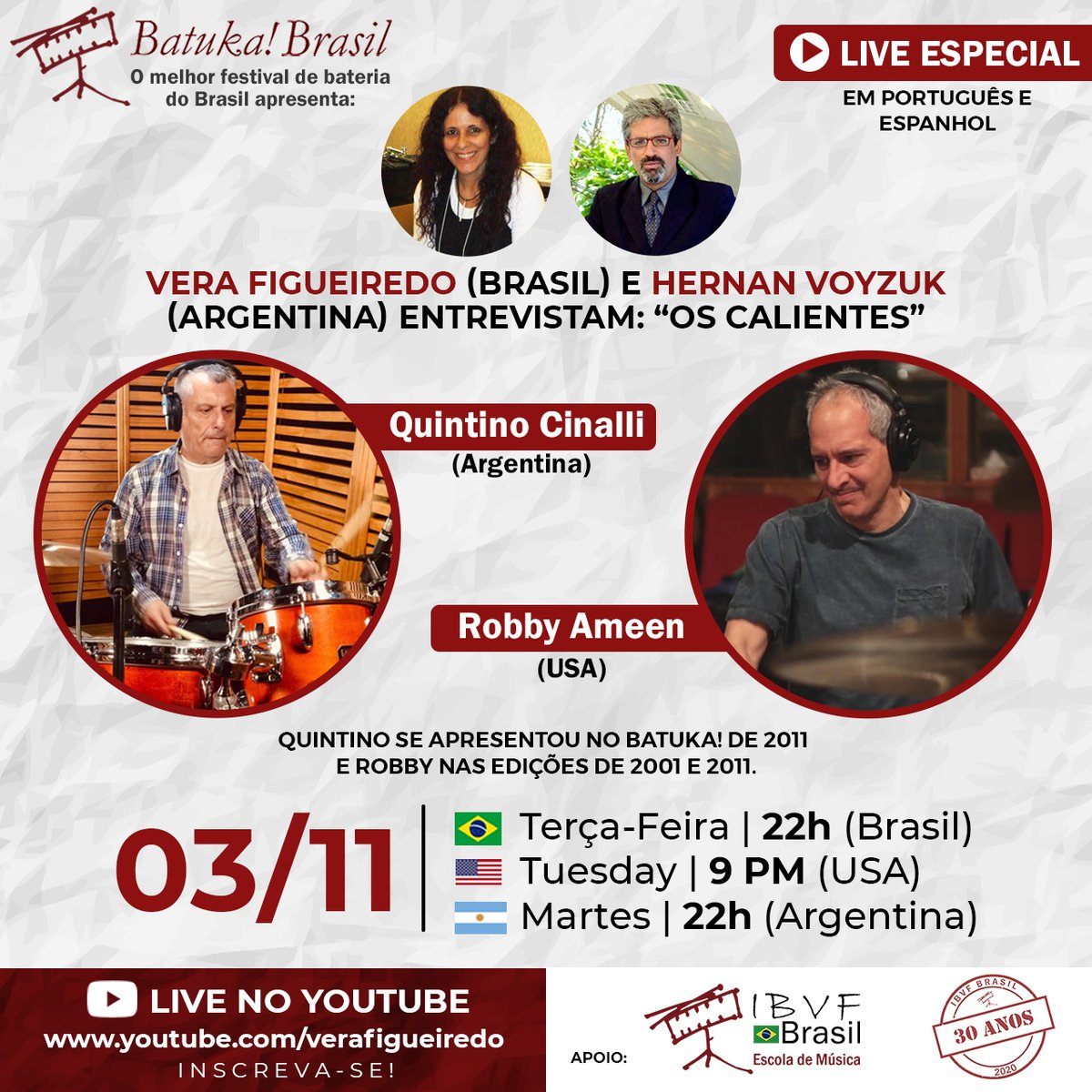 Na próxima terça, Vera Figueiredo e Hernan Voyzuk entrevistarão Robby Ameen e Quintino Cinalli
Inscreva-se no canal youtube.com/verafigueiredo para receber as notificações sobre as próximas entrevistas.

#robbyameen #quintinocinalli #verafigueiredo #batukabrasil #ibvfbrasil