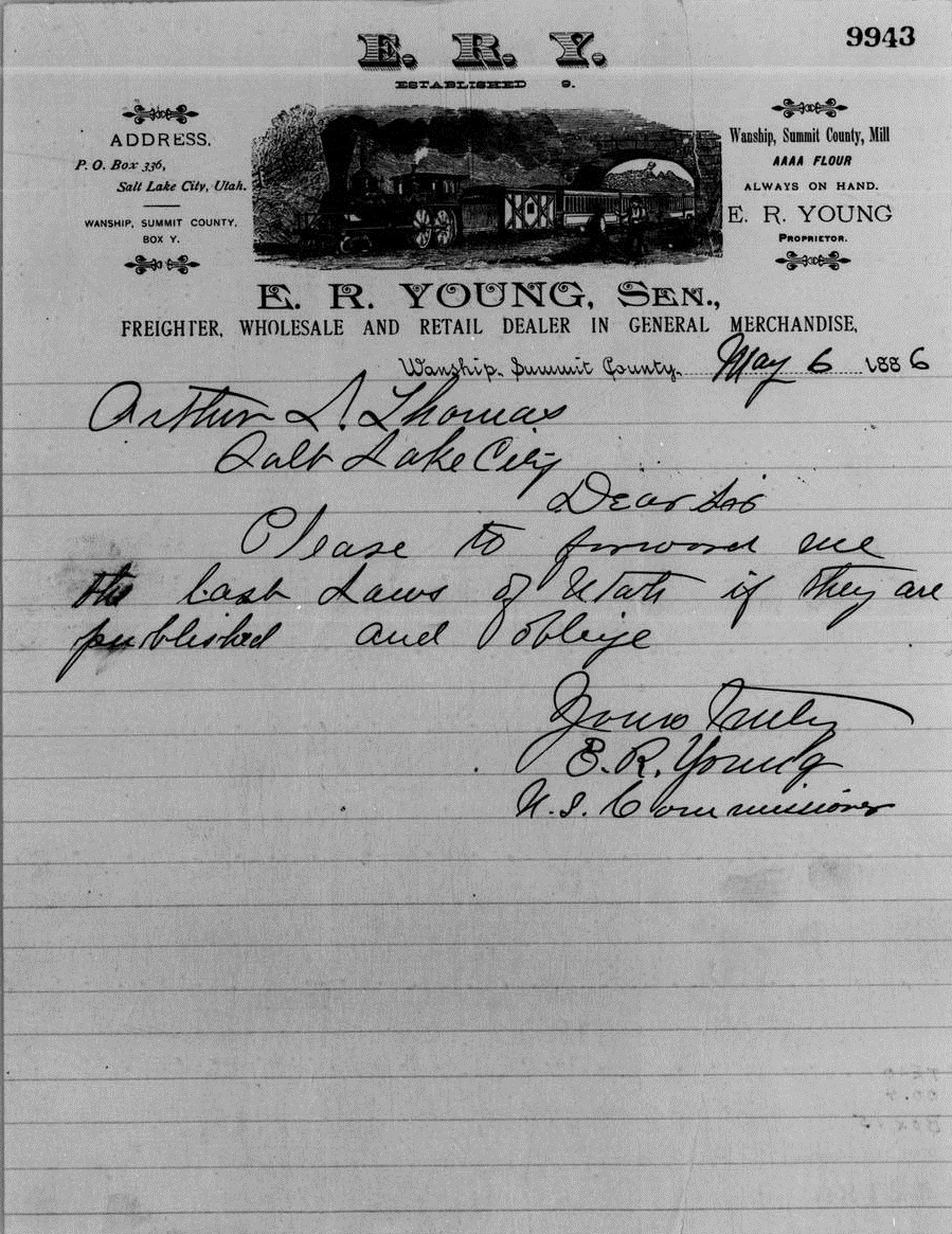 Today's #LetterheadOfTheWeek comes from Wanship in Summit County. In 1868, E. R. Young II built a general store w/ a dance hall on the 2nd floor. By the time this letter was written in 1886, his son, E. R. Young III was in charge of the family business. #ExploreYourArchive https://t.co/7n9EtDSHBn