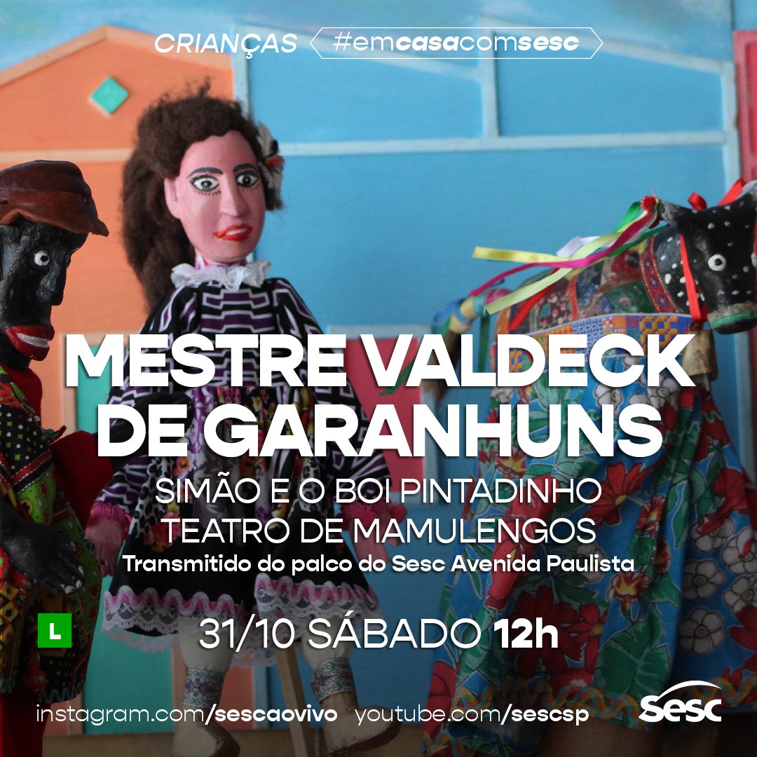 🤠 Será que Simão conseguirá salvar o Boi Pintadinho?
🐮 Sábado, às 12h, o Mestre Valdeck de Garanhuns apresenta “Simão e o Boi Pintadinho” transmitido do palco do Sesc Avenida Paulista.
Chame as crianças e acompanhe de casa pelo @sescaovivo e pelo https://t.co/0RL8cKo6eO. https://t.co/sdASlBjHQ2