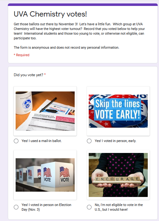PompanoLab's tweet photo. Check out this new leaderboard (coming soon) for voter participation in my department! My lab helped test it -- we have high early turnout!
If you'd like one too, I'm happy to share the template. It's in Google Forms and Google Sheets.
#ScientistsVote #Vote2020 https://t.co/znf5SeBiNO