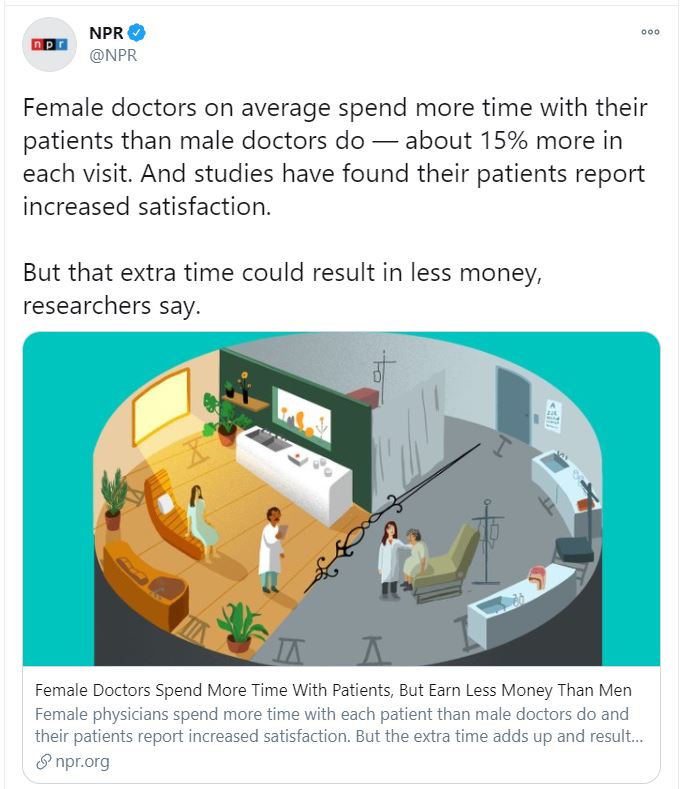 A thread about things male doctors have said to me about the  #GenderPayGap and sexism in medicine."I do not think the FFS system discriminates against female physicians. I believe it discriminates against all physicians who are taking the time to practice medicine properly"