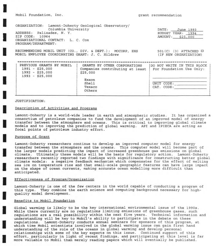 11/n: On this point  we report new evidence that just as  #ExxonKnew,  #MobilKnew too.This 1994 internal Mobil budget proposal, for ex., shows Mobil spent tens of thousands of dollars per year funding scientists who were "world-wide leader[s] in earth & atmospheric studies."