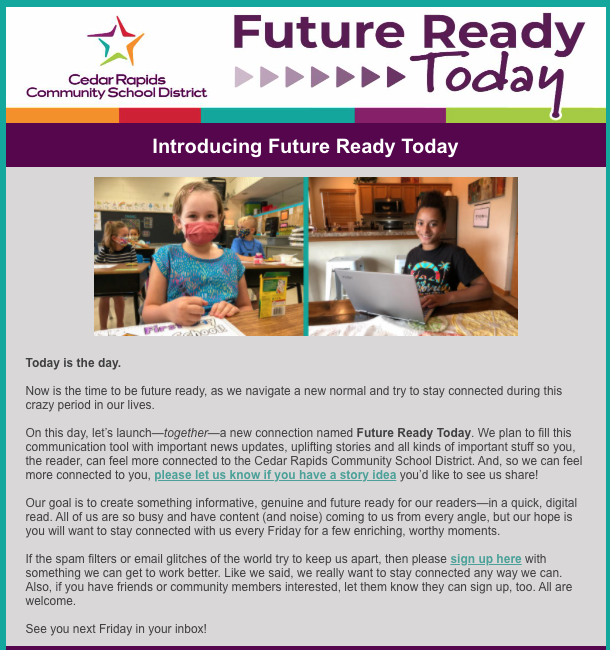 CRSCHOOLS's tweet photo. Now is the time to be future-ready. Today, we've launched a new connection named Future Ready Today. We plan to fill this tool with important news updates, uplifting stories, and more. https://t.co/Ye0V3uiaF9 #WeAreCRCSD https://t.co/BVWpyfQSH4