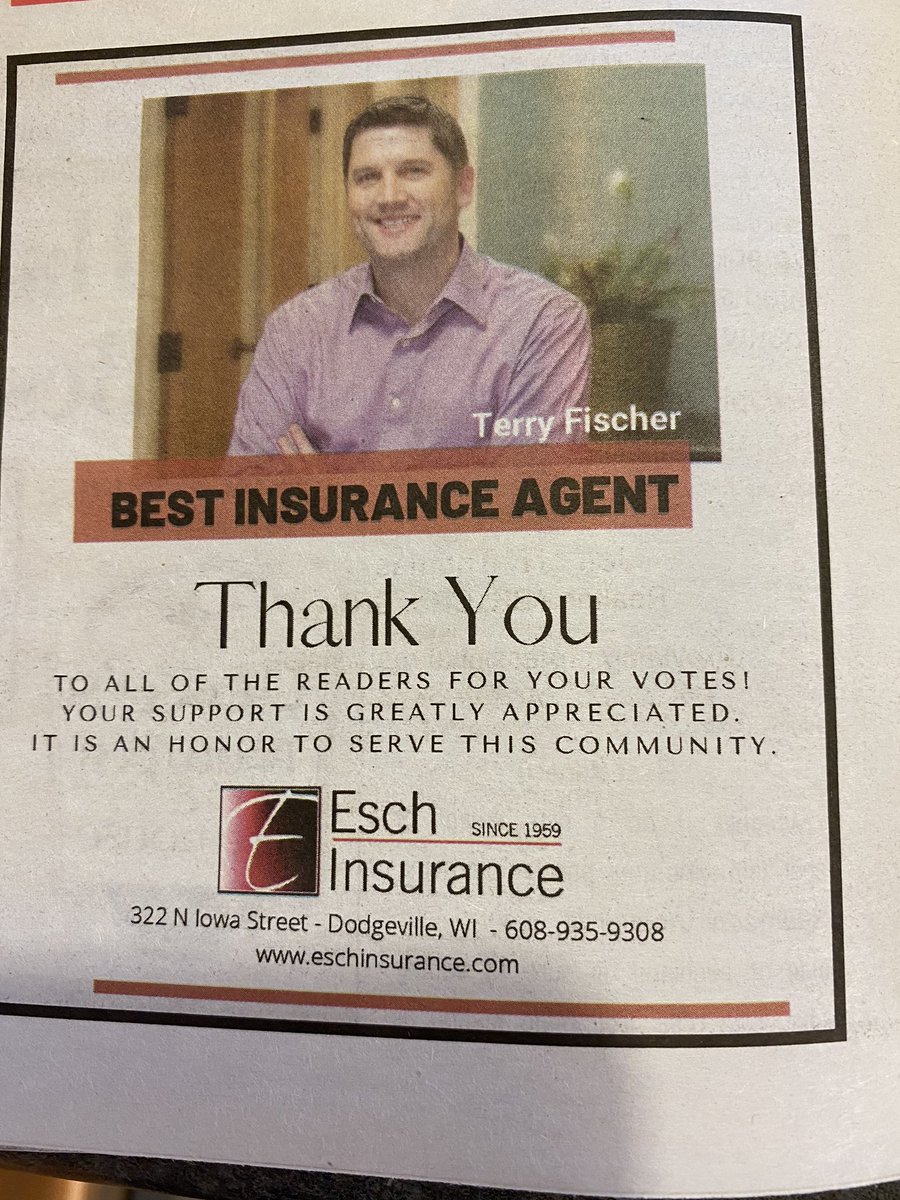 EschInsurance's tweet photo. Grateful to have recently received ‘Best Insurance Agent’ in the Dodgeville Chronicle’s Best of Our Readers’ Choice 2020! Thanks to all the voters for your support! https://t.co/gGG0gsQeDL