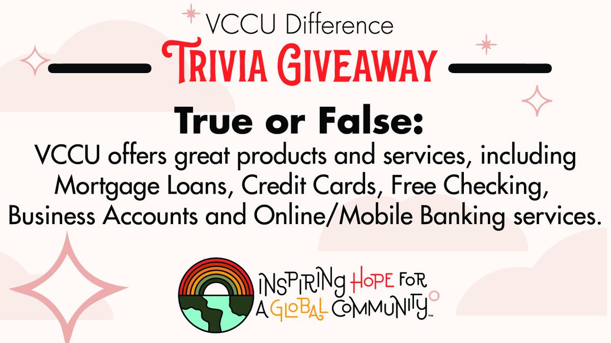 myvccu's tweet photo. It's the FINAL WEEK of our #VCCUDIFFERENCE TRIVIA GIVEAWAY! Enter for your chance to win a $100 gift card here: https://t.co/QeAjD5rTem
*Giveaway ends 11.5.20 at 11:59 pm. Open to VCCU members 18+. See website for full terms and conditions. #ICUDay2020 https://t.co/G9rPGDZvTe