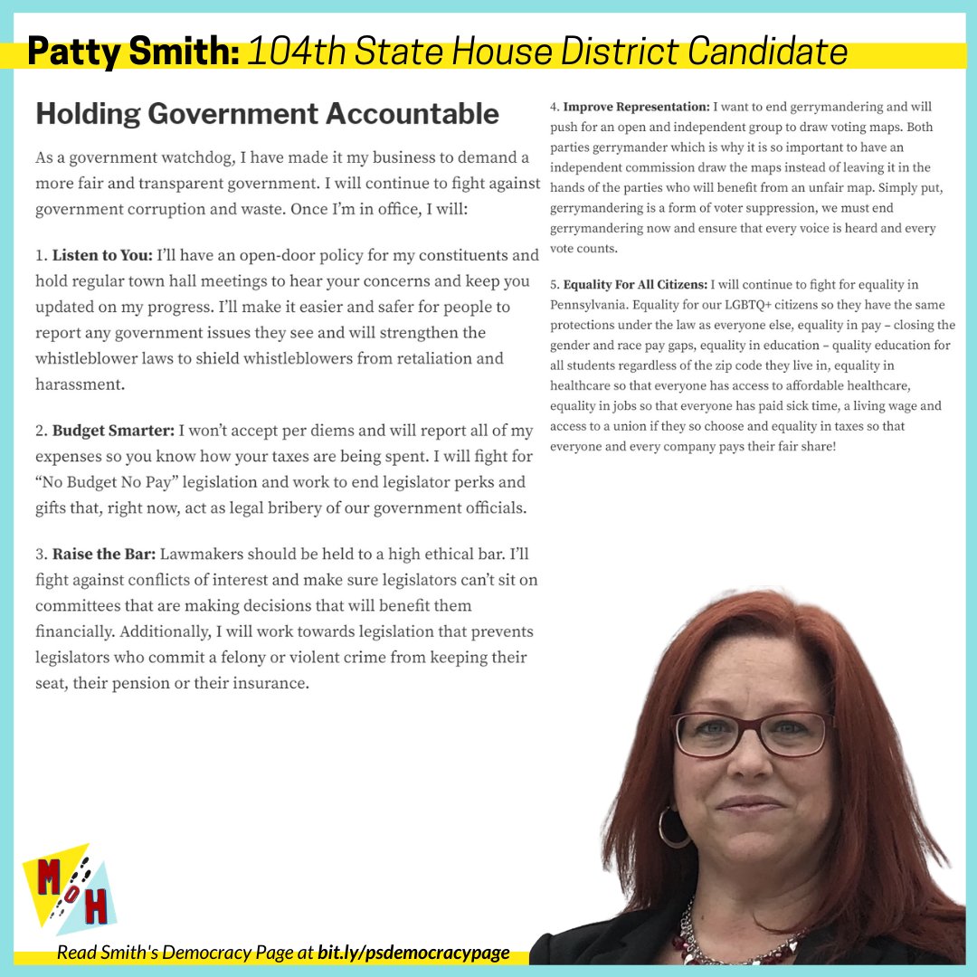 EndPACorruption's tweet photo. We asked candidates in #HD104 what problems they see with democracy in PA and what solutions they propose to fix them once elected. Here's how @PattySmithForPA responded. Opponent @RepSueHelm didn't respond. Compare the candidates' #Democracy Reform for yourself: https://t.co/LF0dx29xyh