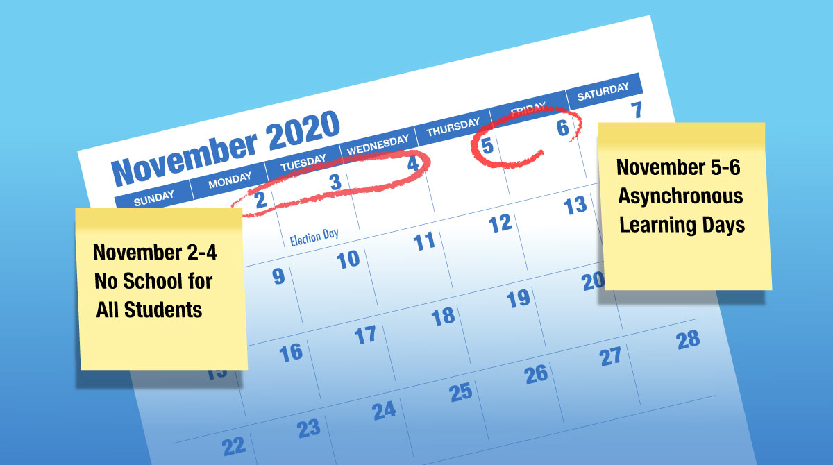 PWCSNews's tweet image. Coming Up! 📅 Please note: next week looks a little different for students and staff. ⬇️

▪️ November 2-4: No School for All Students
▪️ November 3: Schools and Offices Closed
▪️ November 5-6: Asynchronous Learning Days

➡️ See the 2020-21 School Calendar: pwcs.edu/departments/ac…