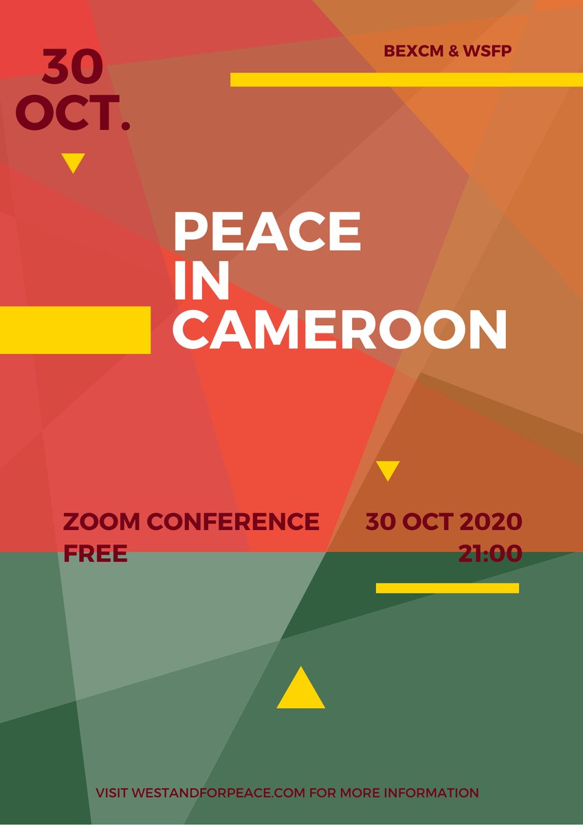 Rejoignez la première conférence #Zoom pour discuter de la #PaixAuCameroun - ce soir à 21h00. Tous les #Cameroonians et #Africains sont invités à se joindre. Suivez les instructions sur facebook.com/WSFPeace Regroupons-nous #DeboutPourLaPaix #BExCM et #WeStandForPeace