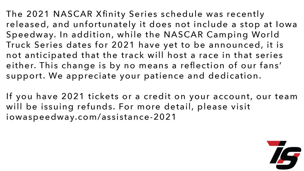 iowaspeedway's tweet photo. The 2021 NASCAR Xfinity Series schedule was recently released, and unfortunately it does not include a stop at Iowa Speedway. https://t.co/jWKOQWVKfF