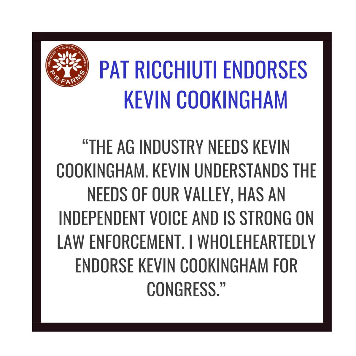 KevCookingham's tweet photo. The endorsements keep rolling in!

I am honored to have received the endorsement from Pat Ricchiuti.

Our district and our nation rely on a thriving Ag Industry.

It's time we have leaders in Congress who will fight for our farmers, not against! 

#CookinghamForCongress https://t.co/YfdgpSvOOy
