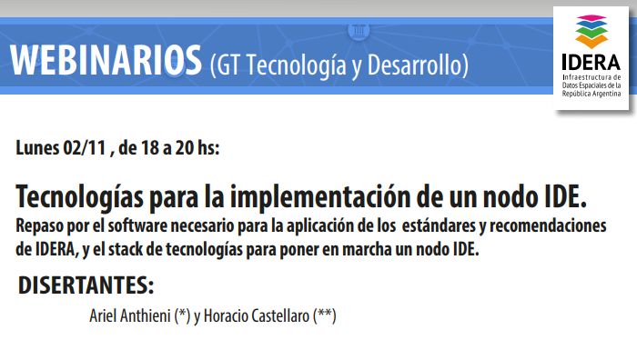 hcastellaro's tweet photo. Agendate! Este luneas 2/11 a las 18 hs. en el ciclo de webinarios de @ide_argentina vamos a presentar junto a @aanthieni Tecnologías para la implementación de un nodo IDE.

@qgis @postgis @GeoNode GeoNetwork y otras tecnologías para implementar los estándares de IDERA https://t.co/mUo1L1iFMR