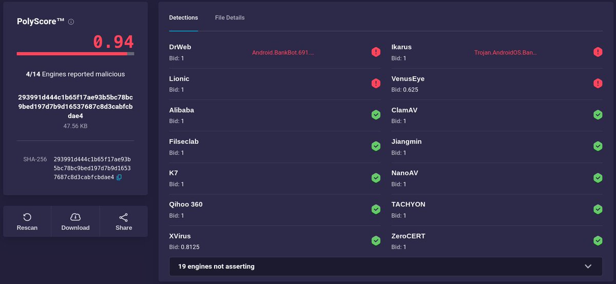 PolySwarm's tweet image. One of our latest #EventBot samples first seen in the PolySwarm marketplace, (2020-10-30 12:27:20) before any other malware aggregator.
You can check it our here: polyswarm.network/scan/results/f…