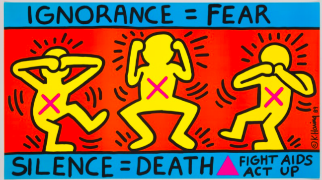 Haring was well known for his activist art during the AIDS crisis. he often used the pink triangle. the pink triangle was used to identify queer people by the nazis and was reclaimed by activists in the 1980s. first three are haring, last one is the poster for NYC AIDS collective