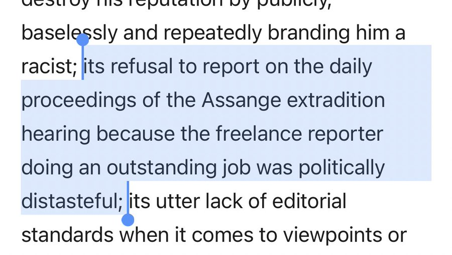 When Glenn Greenwald announced resignation from The Intercept, he mentioned one of episodes contributing to decision involved refusal to "report on daily proceedings of Assange extradition hearing because freelance reporter doing an outstanding job was politically distasteful."