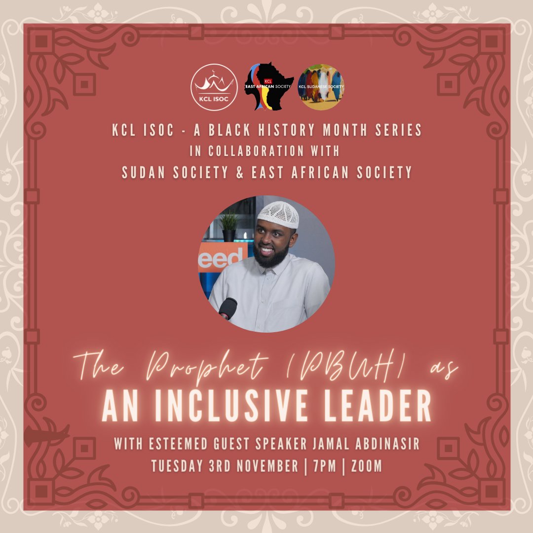 Assalaamu alaikum wa rahmatullahi wa barakaatuh,

To kick off our black history month lecture series we are joined by our esteemed speaker Jamal Abdinasir who will be talking about The Prophet (PBUH) as an inclusive leader.

Use this link to sign up: tinyurl.com/BHMkclisoc