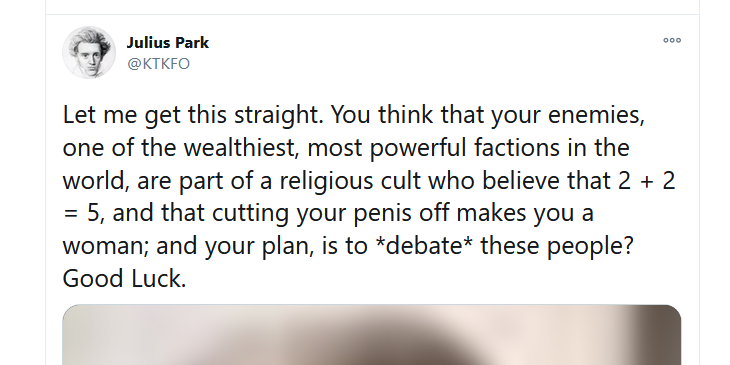 Examples of refuting the central points: (1) The "enemies" (i.e. woke) don't actually believe that 2+2=5. They used 2+2=5 as a (somewhat ill-chosen) metaphor for creative, out-of-the-box thinking and knowing how to choose an appropriate model.