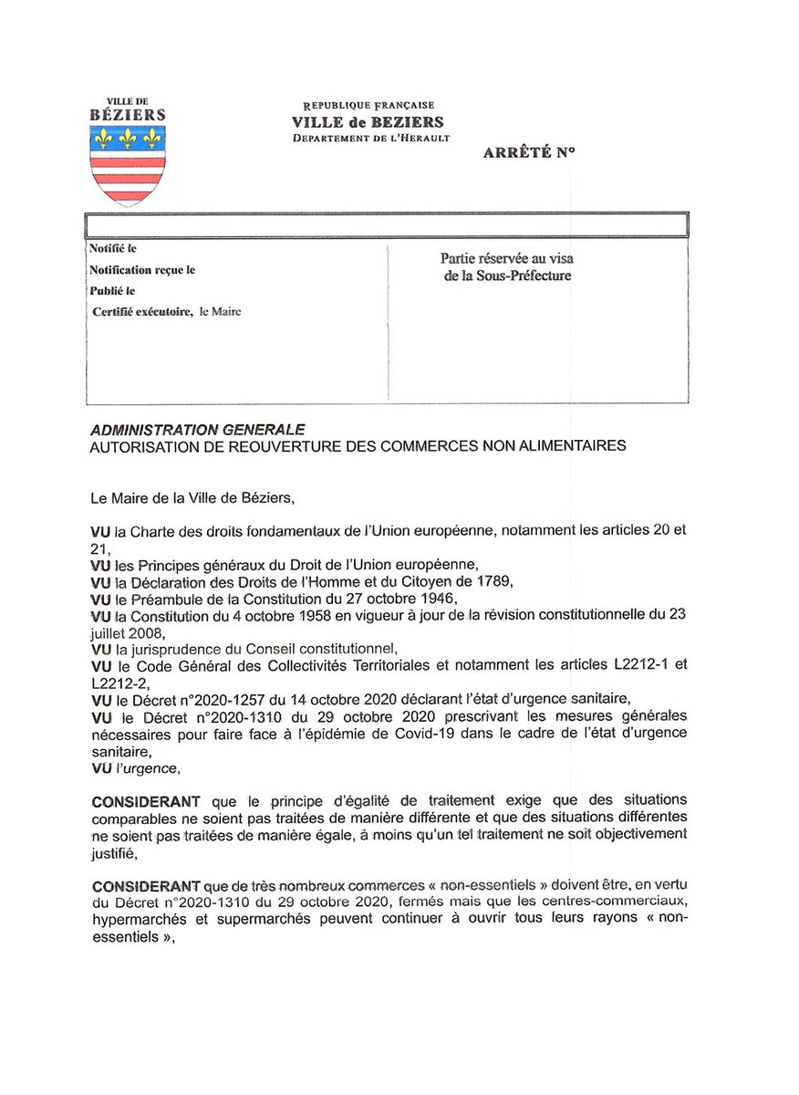 VilleDeBeziers's tweet photo. ❗@RobertMenardFR prend un arrêté municipal autorisant l'ouverture des commerces non-alimentaires à #Béziers.
➡️ Tous les commerces de la ville sont autorisés à reprendre leur activité dès ce samedi 31 octobre. https://t.co/yhao3l1rfM