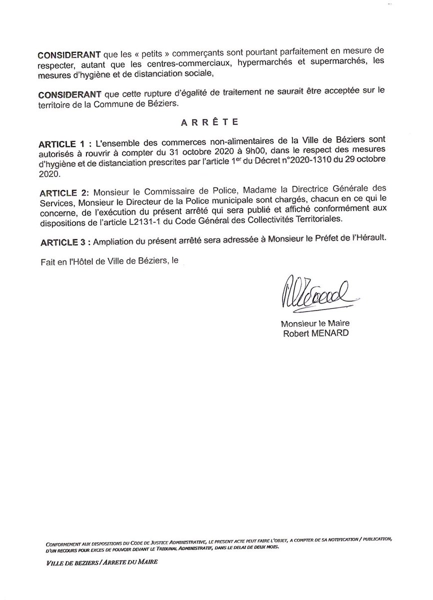 VilleDeBeziers's tweet photo. ❗@RobertMenardFR prend un arrêté municipal autorisant l'ouverture des commerces non-alimentaires à #Béziers.
➡️ Tous les commerces de la ville sont autorisés à reprendre leur activité dès ce samedi 31 octobre. https://t.co/yhao3l1rfM