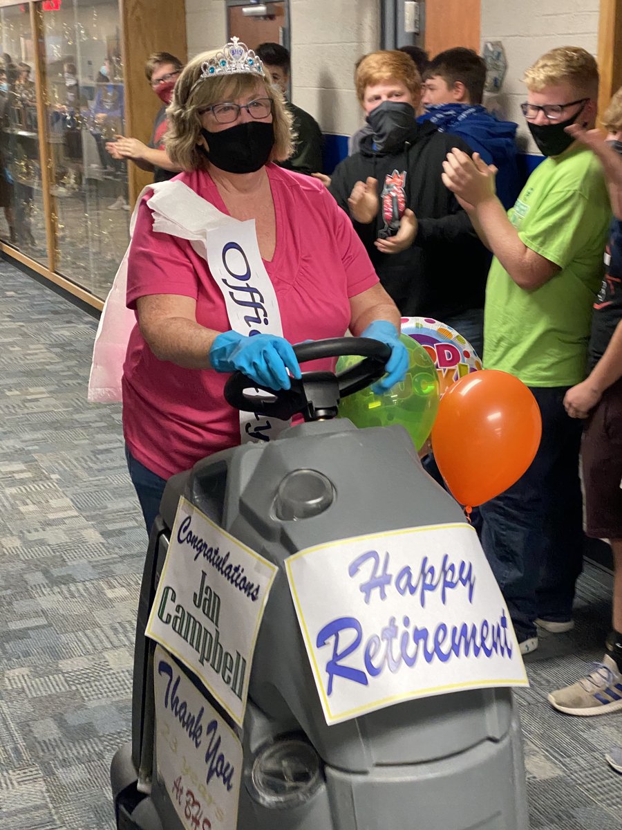 BertrandVikings's tweet photo. Happy Retirement to Jan Campbell!  She has worked at Bertrand Community Schools for 23 years.  Thank you for all your hard work and efforts over the years.  Jan rode off to retirement on the floor cleaner one last time with a retirement parade today.  #vikingnation #thanksjan https://t.co/pwX1aIh85U