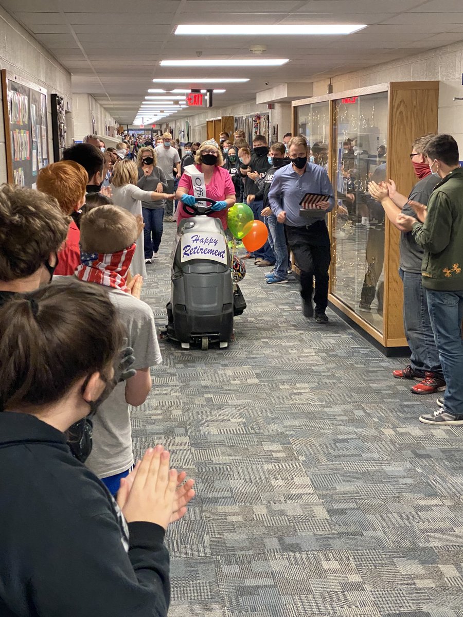 BertrandVikings's tweet photo. Happy Retirement to Jan Campbell!  She has worked at Bertrand Community Schools for 23 years.  Thank you for all your hard work and efforts over the years.  Jan rode off to retirement on the floor cleaner one last time with a retirement parade today.  #vikingnation #thanksjan https://t.co/pwX1aIh85U