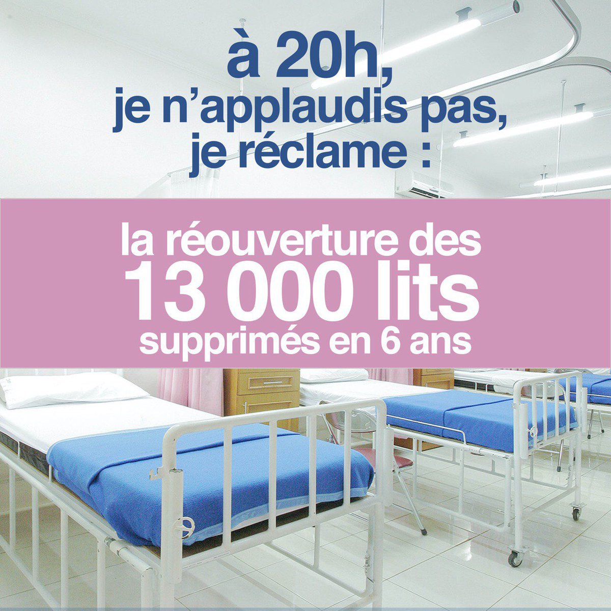 IThisSaintJean's tweet photo. Ce soir à 20h, nous n’applaudissons  pas, mais  réclamons la réouverture des 13000 lits supprimés en 6 ans. Pour les soignants. Pour nous tous. 
  #a20hjereclame #ConfinementActe2 #COVID19 https://t.co/23m5xbOWUU