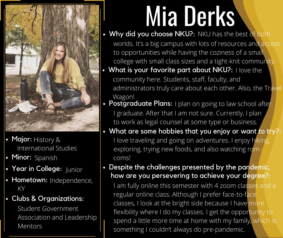 NKUArtSci's tweet photo. CAS Student Spotlight Continues!
 
Meet Mia Derks who is majoring in both History and International Studies. Learn why she loves NKU and how she has adjusted to changes this semester.

#NKU #CAS #CASstudentspotlights #historymajor https://t.co/nid4oK1Tch