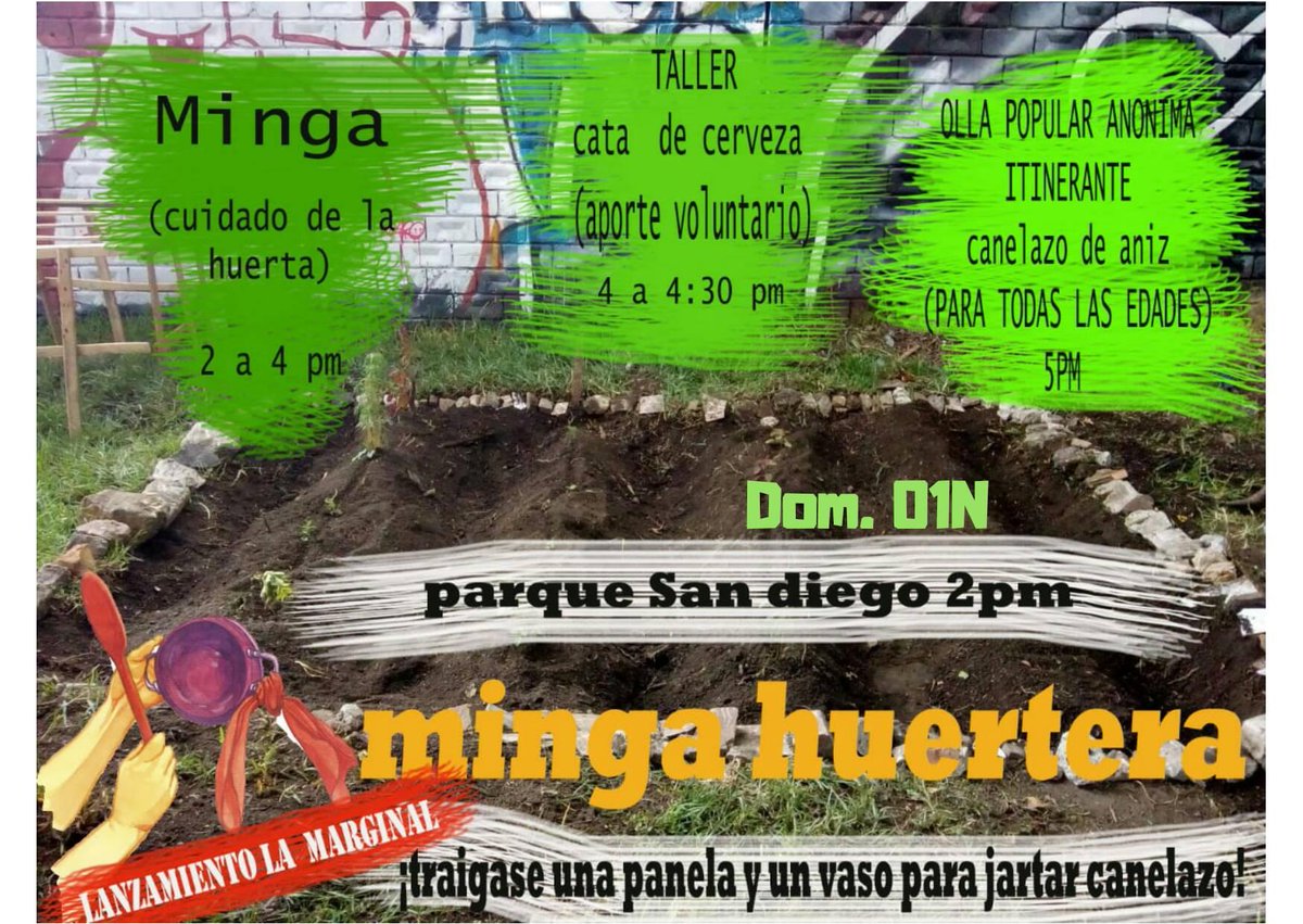 Marginalesanx's tweet photo. el día domingo 1 de noviembre estaremos llevando acabo una minga huertera, aprovecharemos este espacio para un compartir de saberes les esperamos a partir de las 2 de la tarde en el parque san diego barrio san marcos #huertasurbanas#huerta #ollapopular #aguantealaolla#comunidad https://t.co/GmF3044Wgf